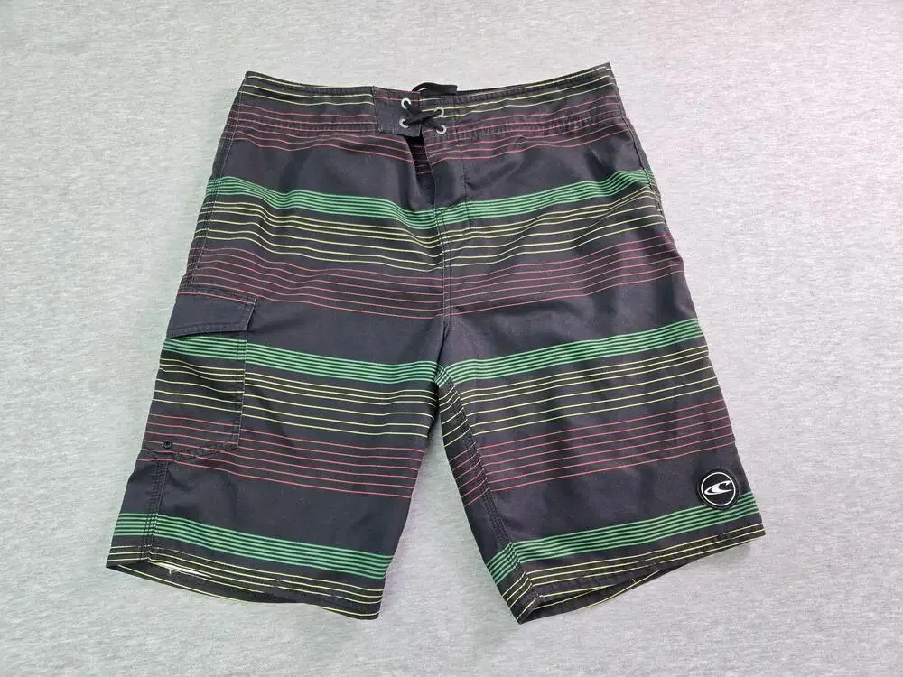 O'Neill Shorts Mens 33 Black Striped Board Swim Trunks Pockets Drawstring